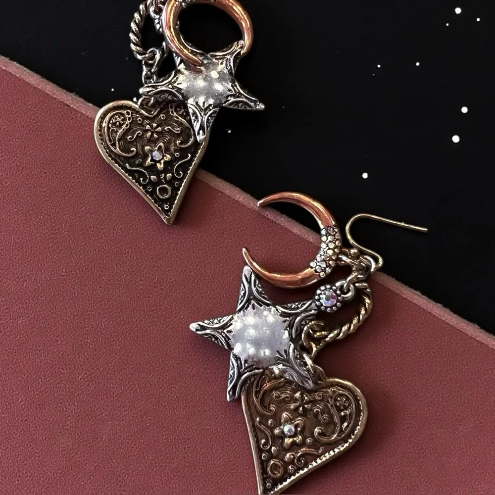 Boho Silver, Copper, and Bronze Toned Star and Heart Earrings Celestial Witchy